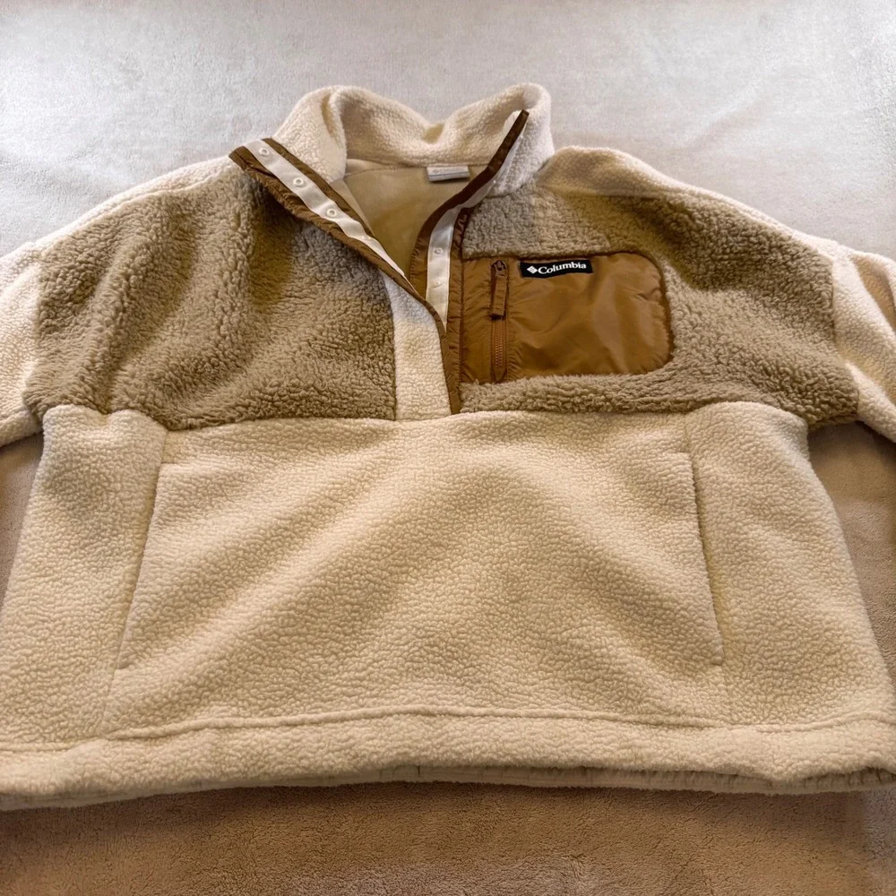 Columbia Neutral Sherpa Fleece Pullover Tan Cream Cozy Outdoor Crop Jacket Sz XL - Picture 3 of 12